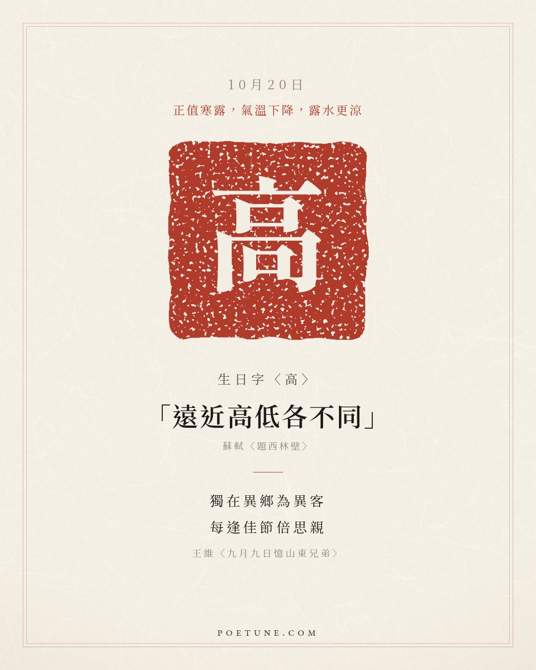 10月20日的生日詩卡：王維〈九月九日憶山東兄弟〉獨在異鄉為異客，每逢佳節倍思親……生日字〈高〉